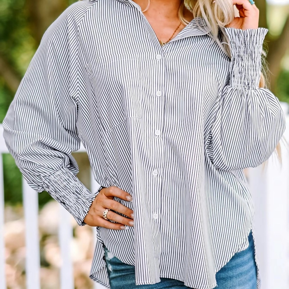 Black and White Striped Button-Up Shirt